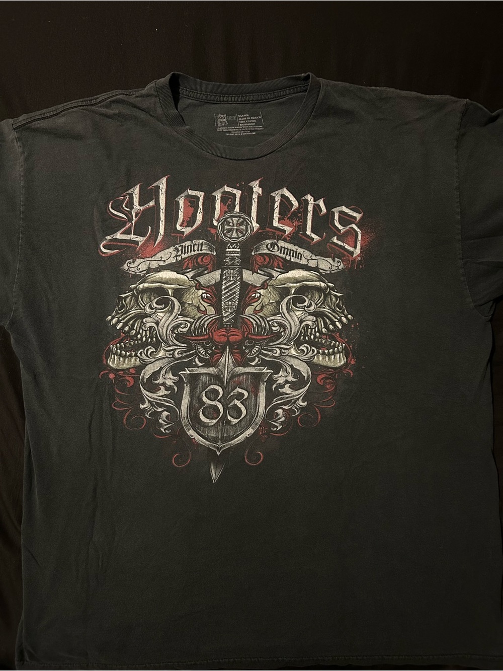 Hooters Black Graphic Tee with Sword & Skull Design